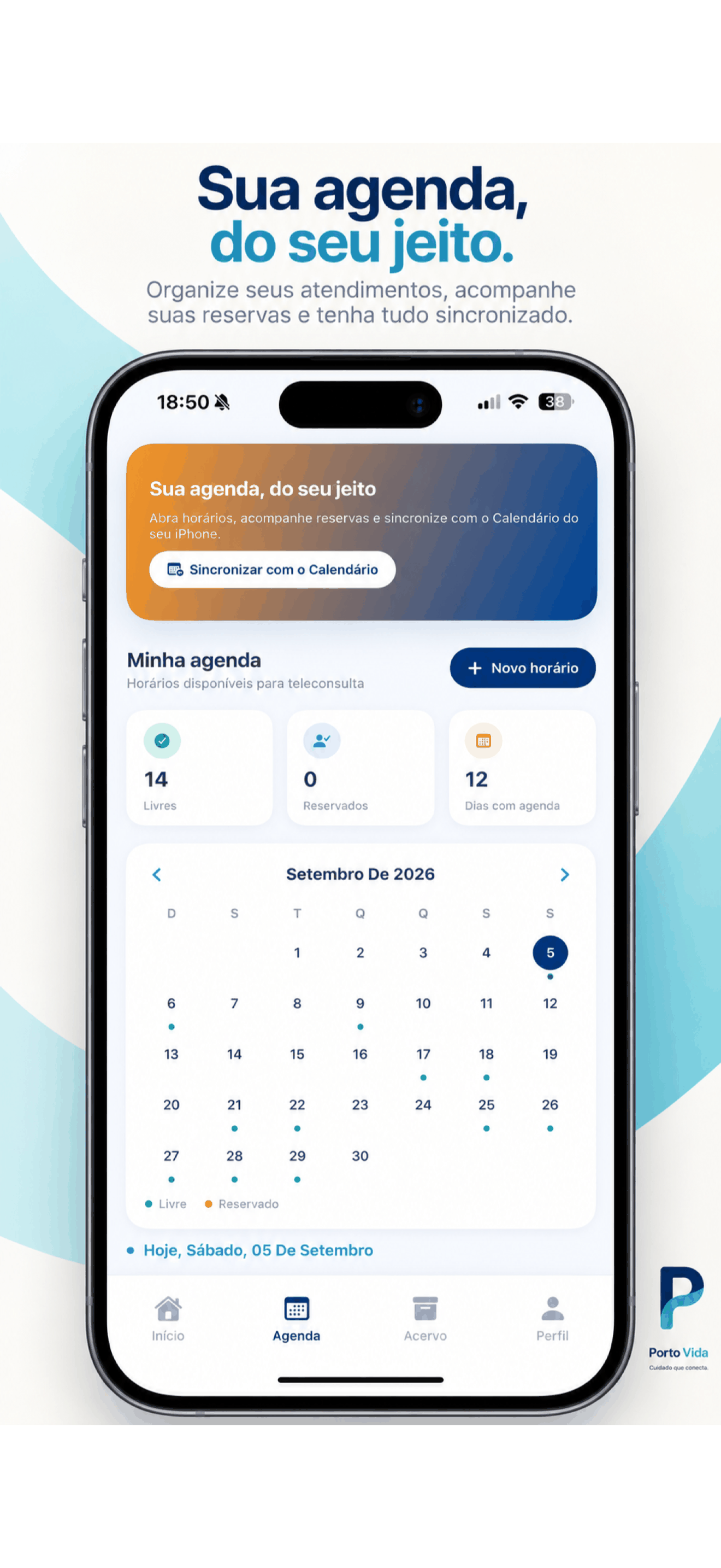 Agenda do aplicativo Rede Porto Vida, com calendário e horários livres em uma conta de demonstração